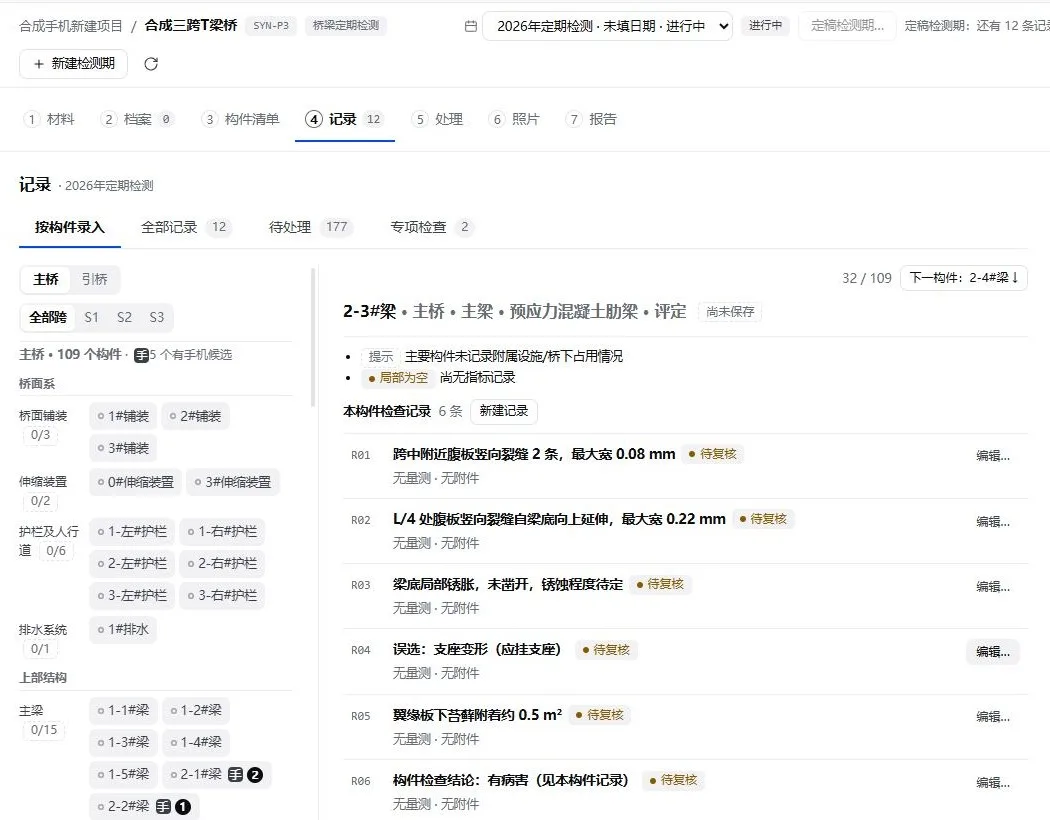 记录页:按构件录入与本构件检查记录