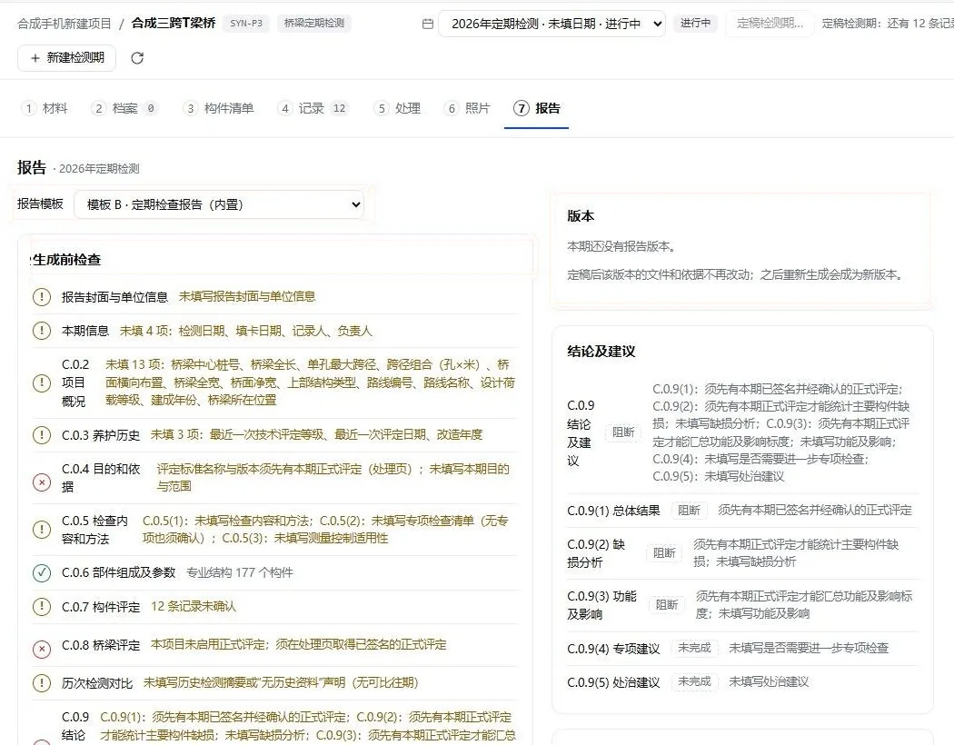 报告页:模板选择与生成前检查